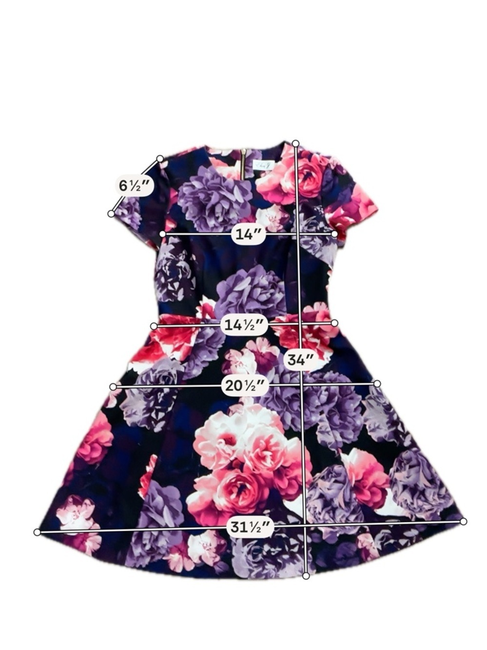 Eliza J Floral Fit & Flare Dress Size 4 Short Sleeve Navy Pink Purple A Line - Picture 7 of 7